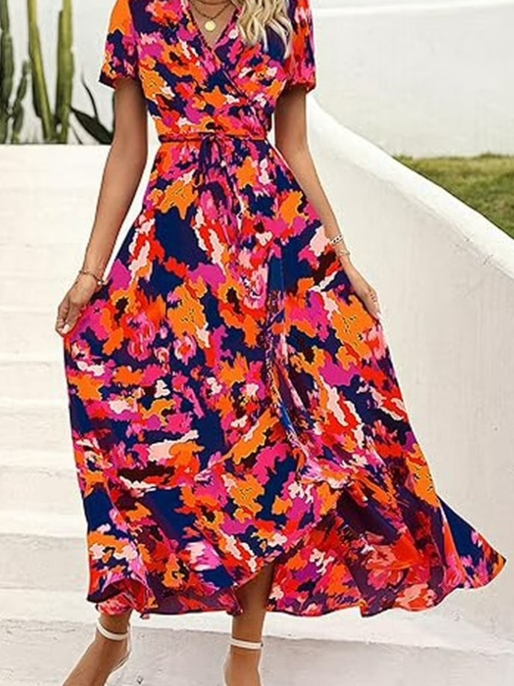 Pretty Garden Bold Floral Wrap Maxi Dress in Pink, Orange & Navy